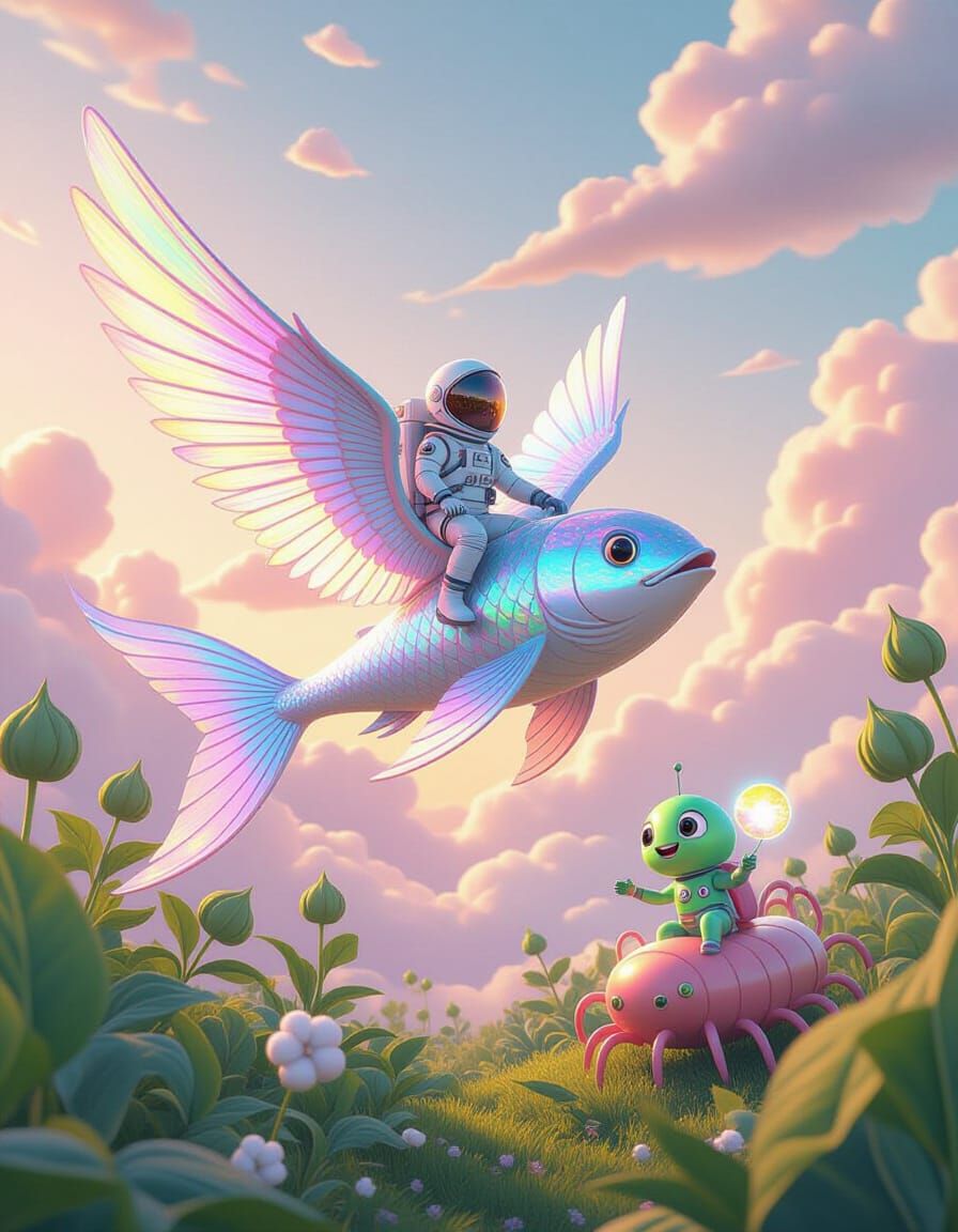 Astronaut Rides Winged Fish in Pastel Alien Sky