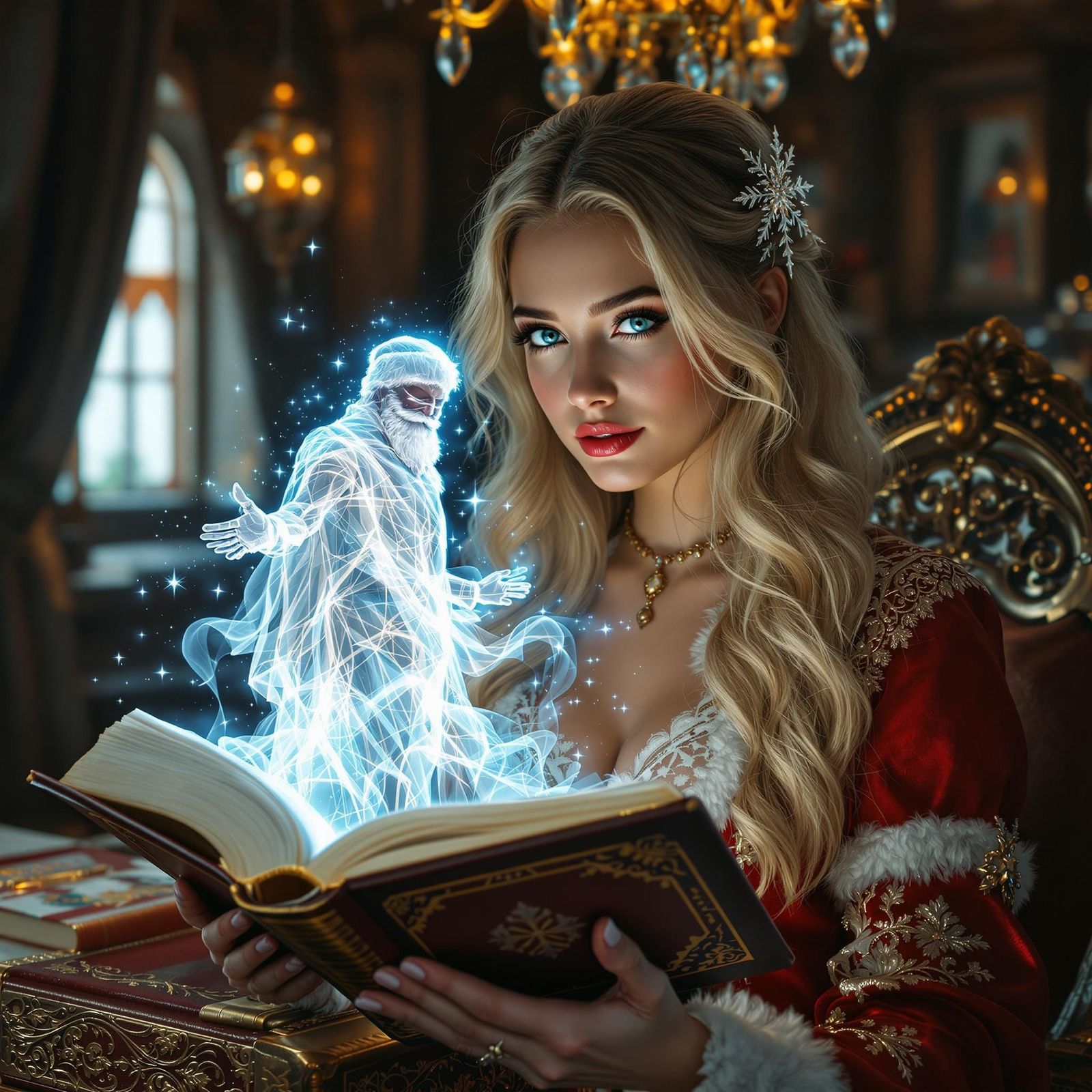 Golden-Haired Girl Captivated by Christmas Tome in Gothic Ch...