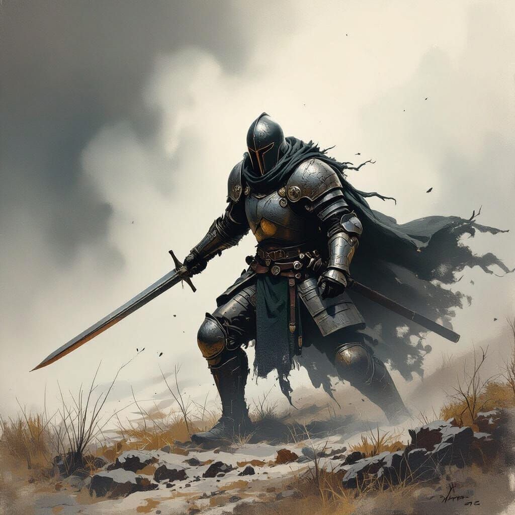 Medieval Knight Battles in Misty Landscape, Dark Fantasy Sty...