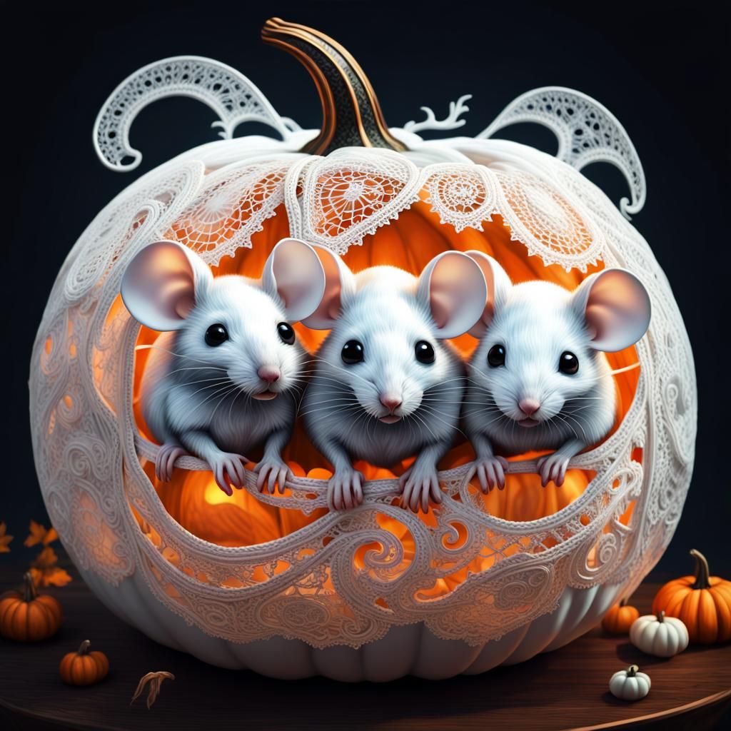 white mice gang carved in a transparent lace pumpkin