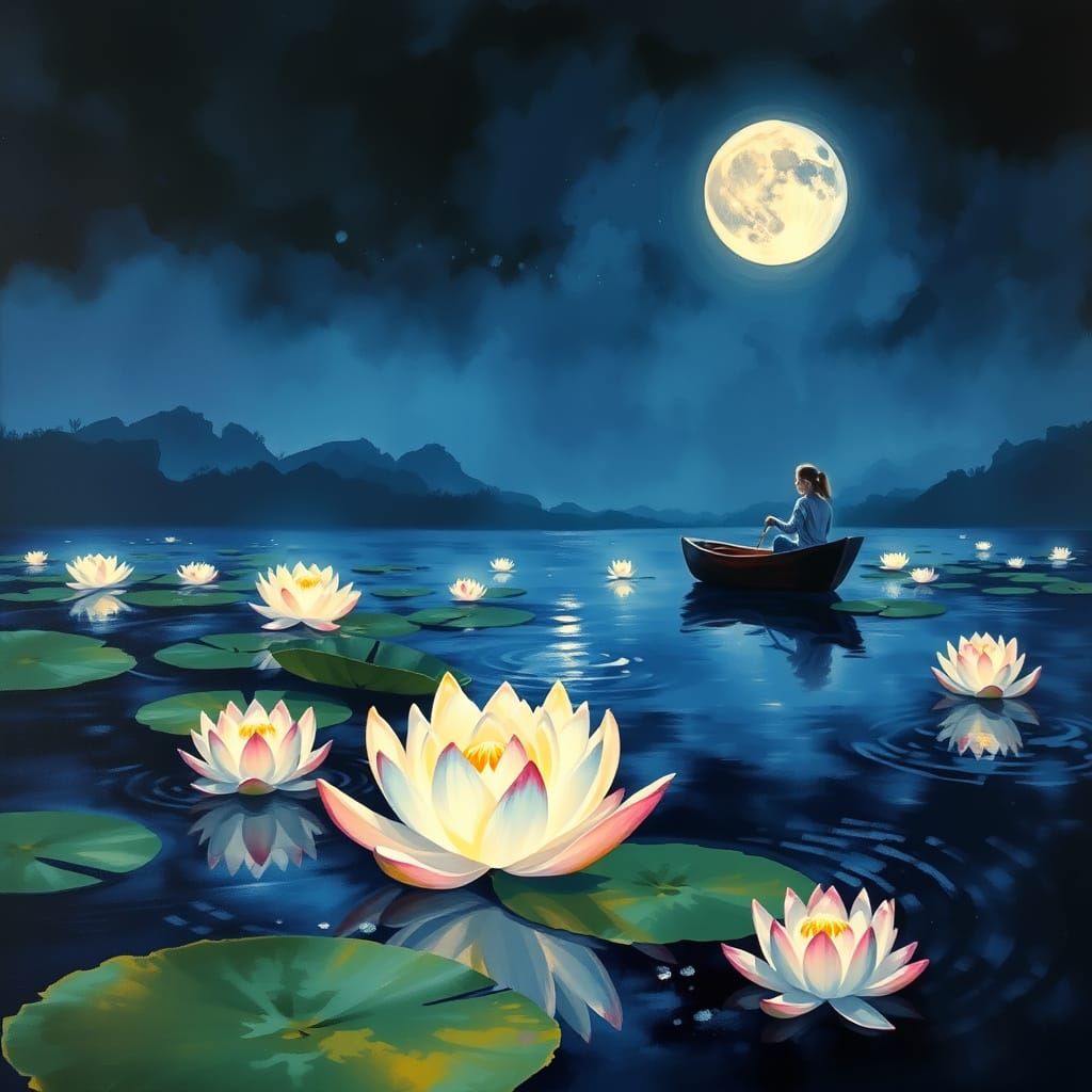 Impressionist Night Scene with Glowing Lotus Flowers