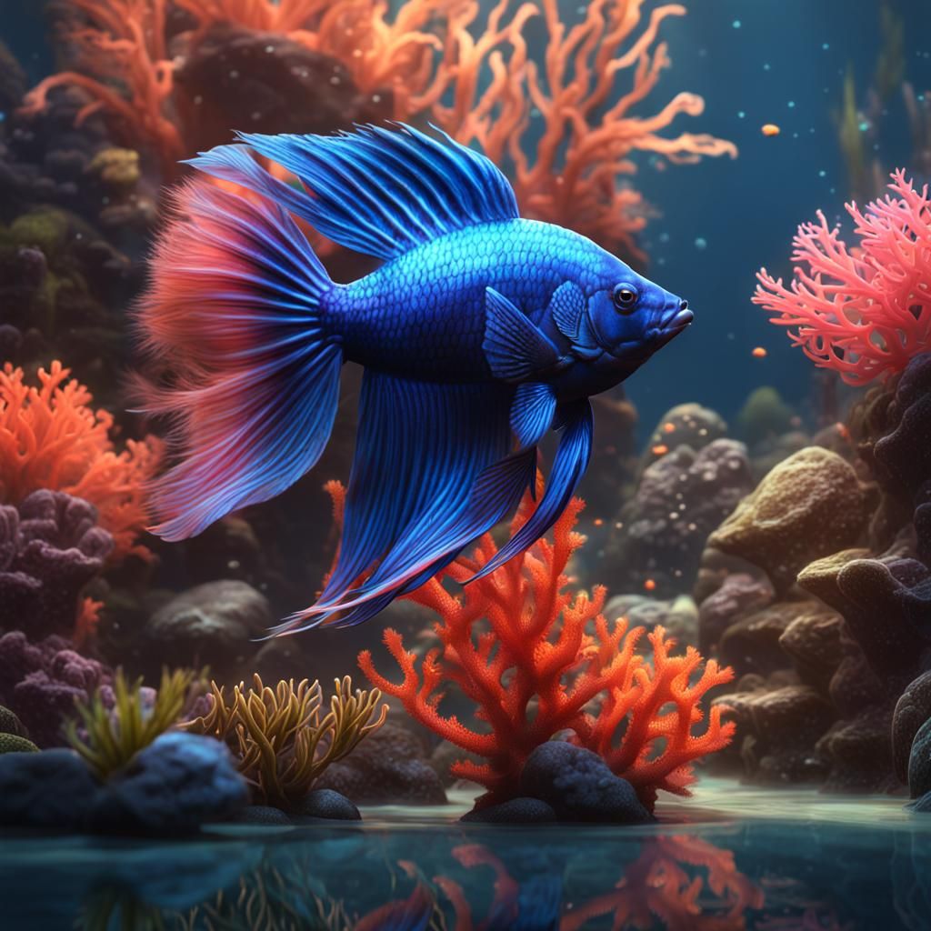 Blue Betta Fish with Coral: Detailed Digital Painting