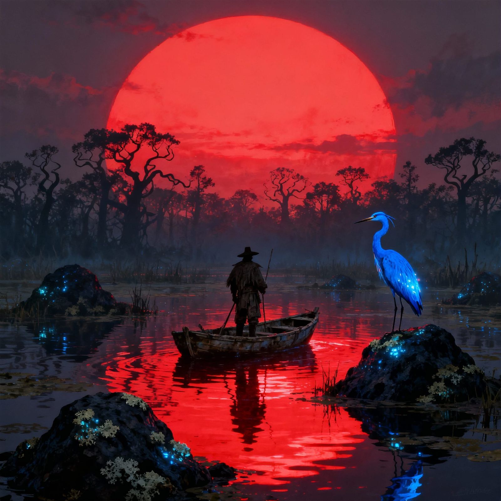 Giant Red Sun Setting Over Swampy Landscape