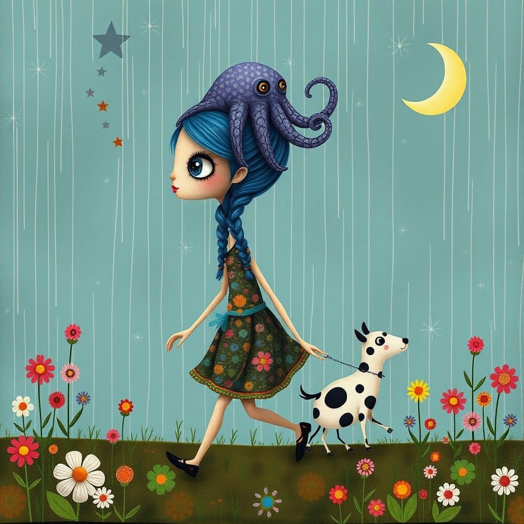 Whimsical Rainy Night Scene with a Girl and a Bear