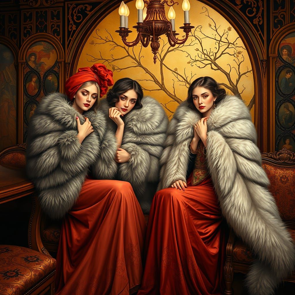 Women in Luxurious Furs, Elegant Attire, and Opulent Setting...