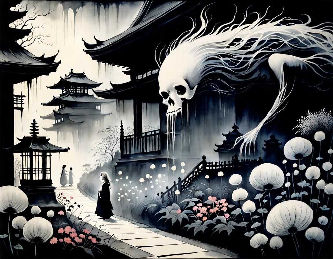 Elephants in Garden: Woodblock Print Inspired by Masters