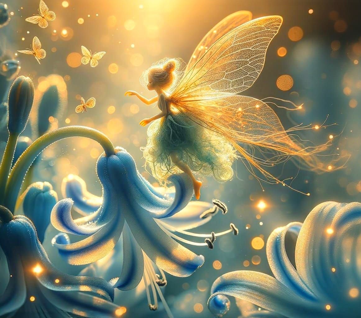 Ethereal Flower Fairy Landing on Hyacinth in Dreamy Light