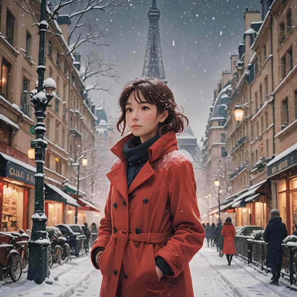 Anime Woman in Red Coat in Snowy Paris