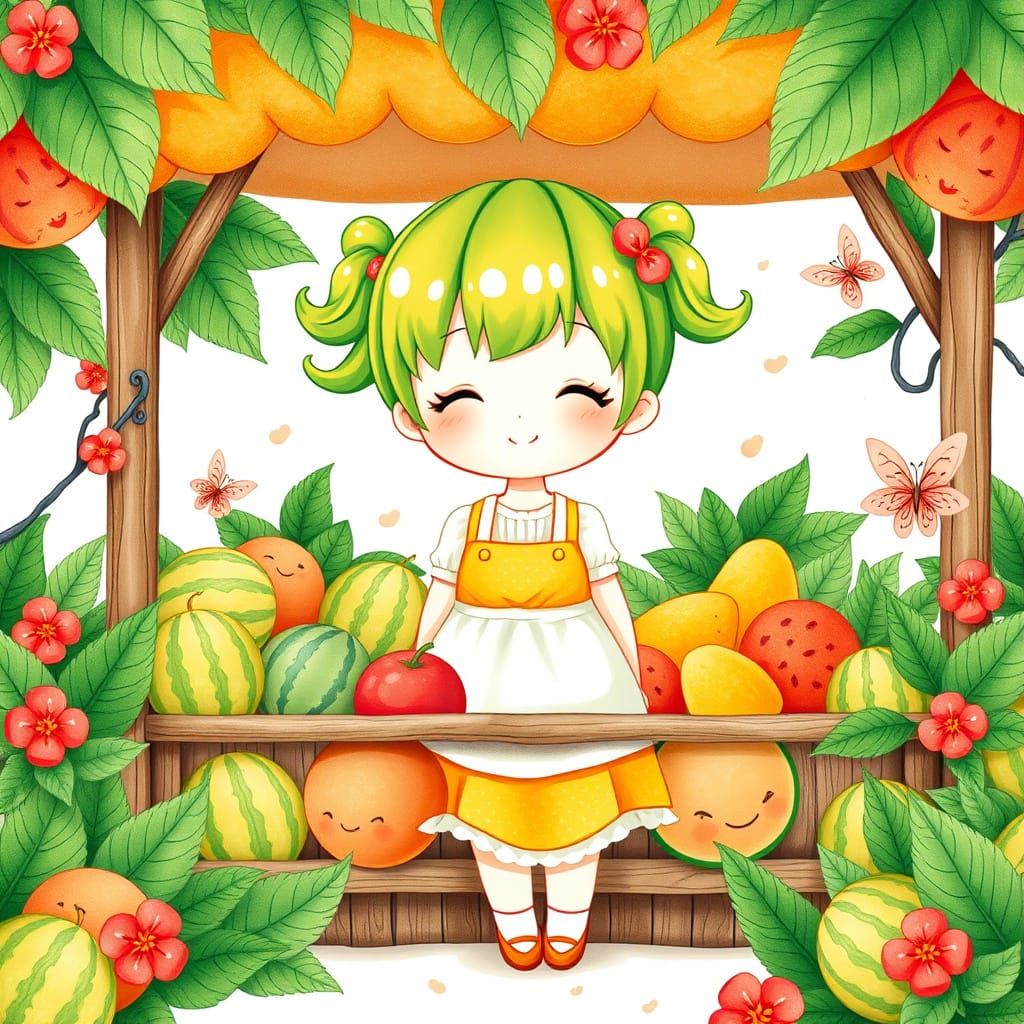 Chibi Melon Girl in Whimsical Fruit Stand