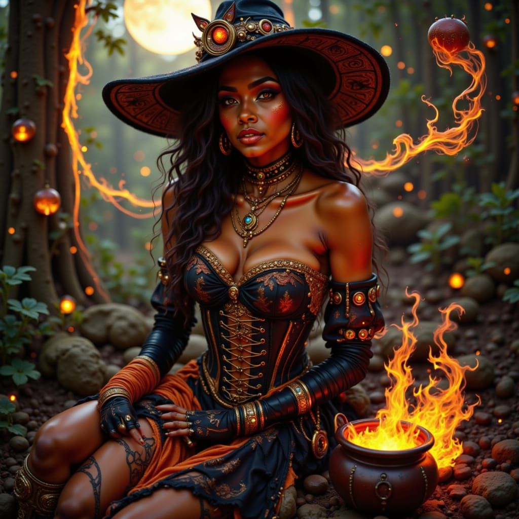 Steampunk Sorceress with Glowing Runes and Wiccan Symbols