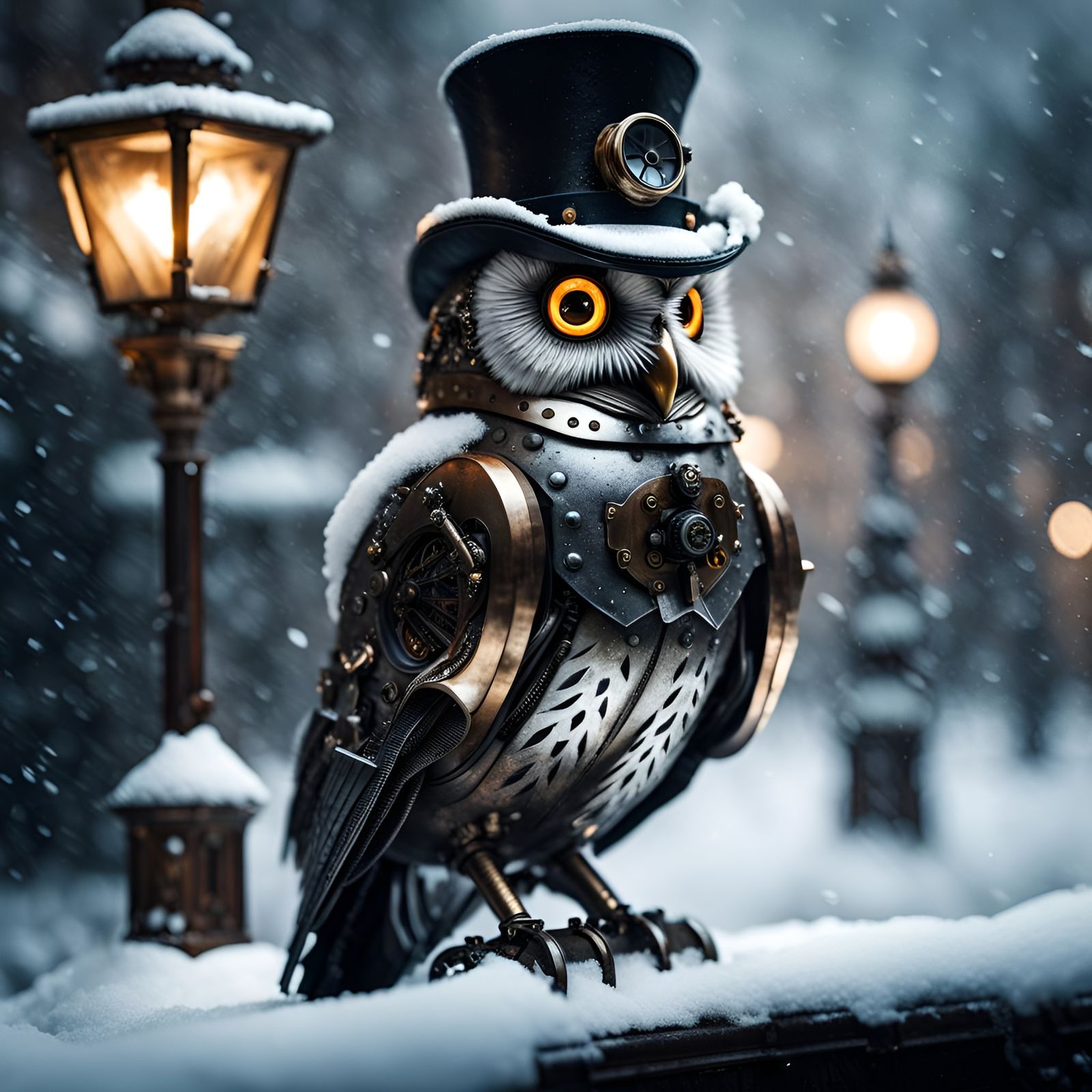 Steampunk Owl on Snowman in Winter Wonderland