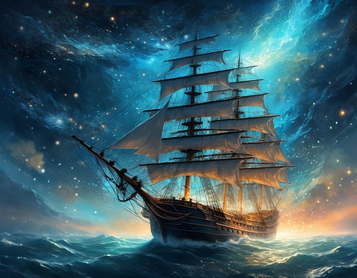 Sailing Ship Navigating Stardust Sea: Fantasy Art