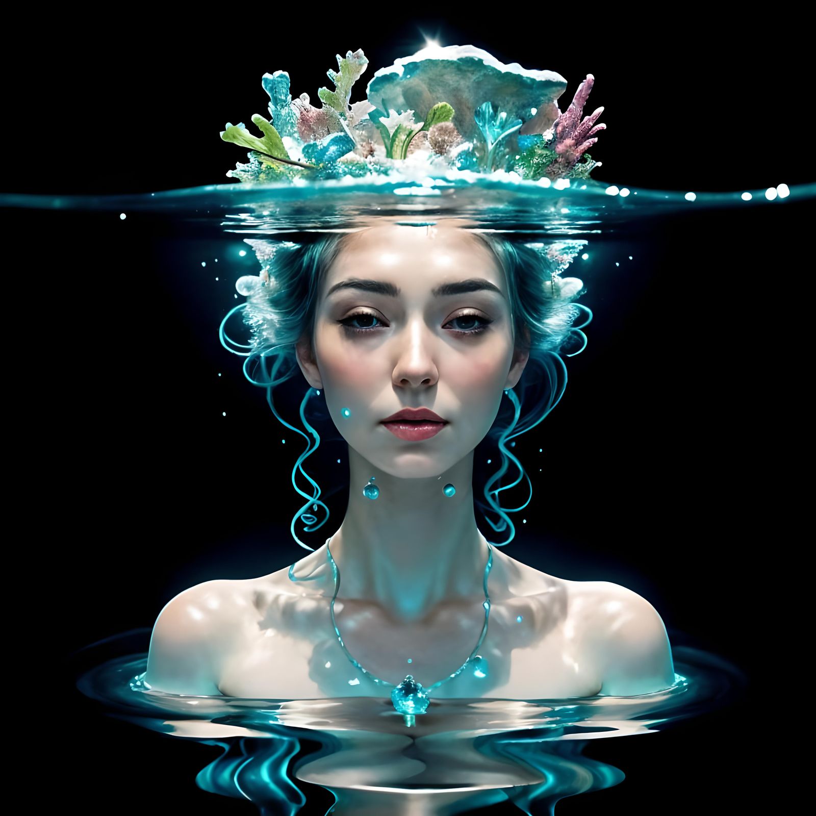 Underwater Woman Portrait with Water Droplets