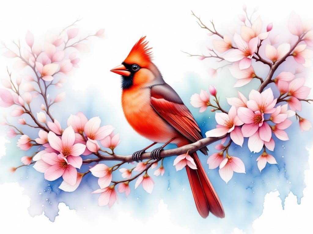 Watercolor Cardinal Portrait on Cherry Blossom Branch