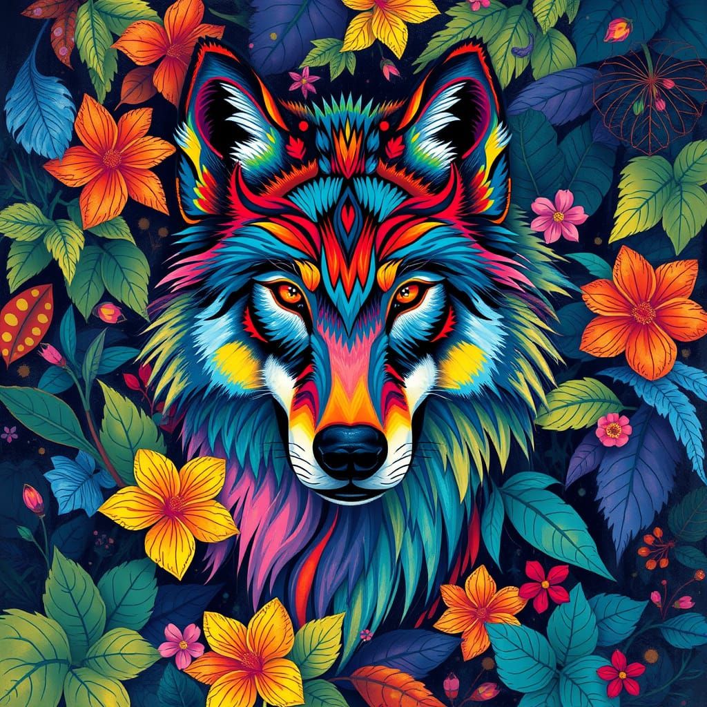 Vibrant Wolf in a Kaleidoscope of Colors