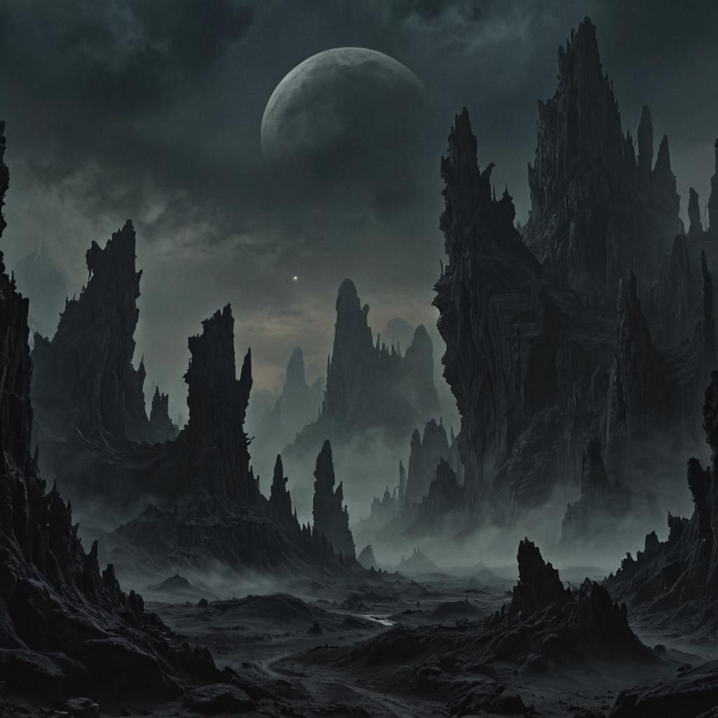 Eerie Black Moon Over Twisted Fantasy Landscape