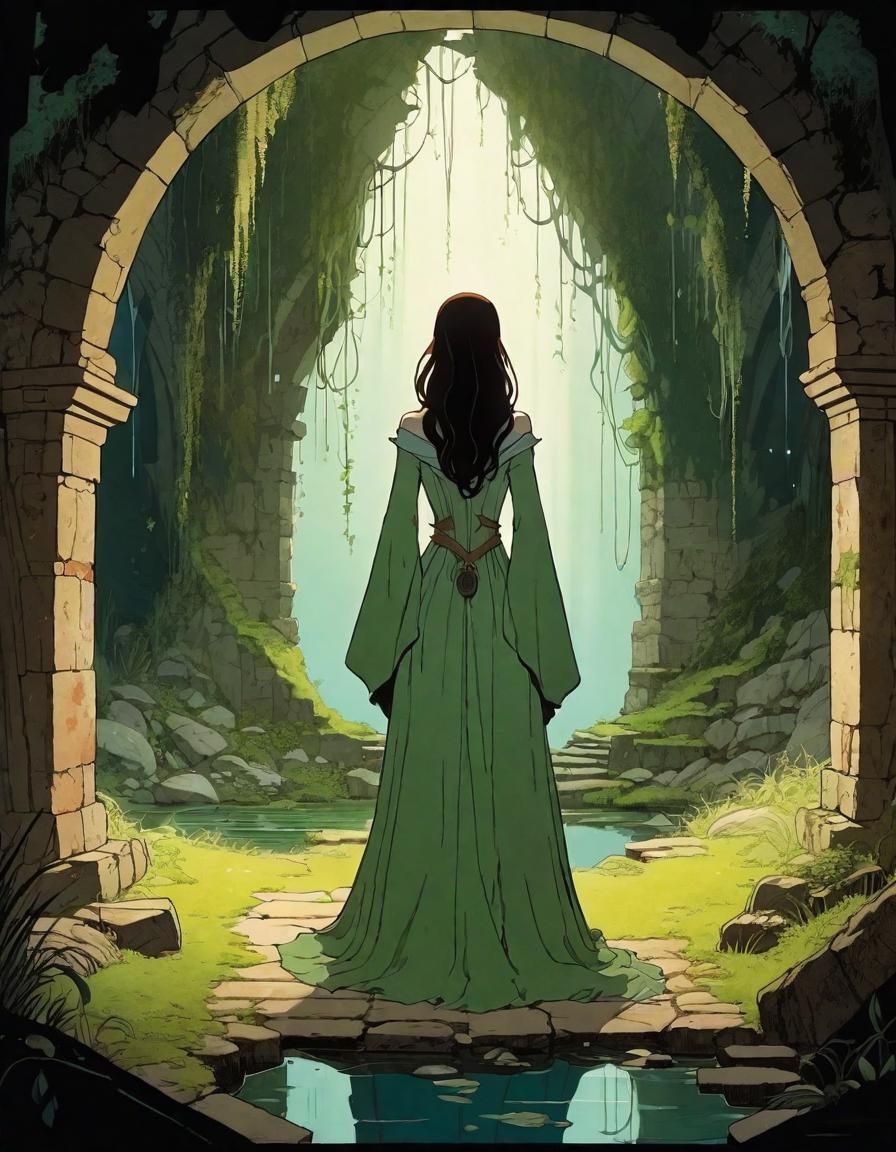 Female Wizard in Dungeon: Watercolor Vector Art