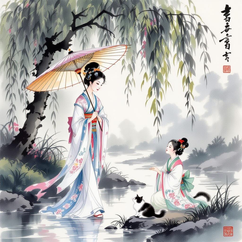 Tang Dynasty Lady with Parasol by Willow Stream