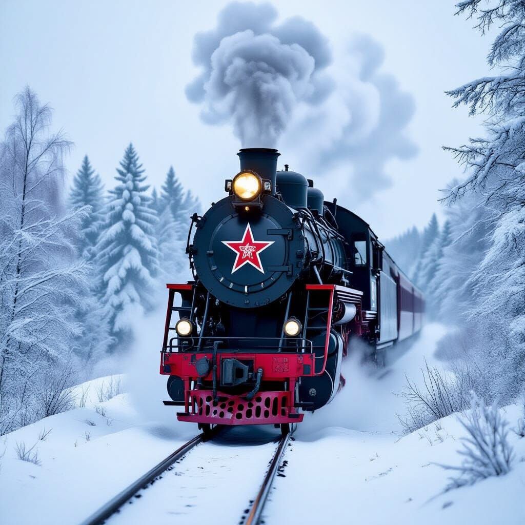 Soviet Steam Train in Snowy Taiga, 1980s Photography Style