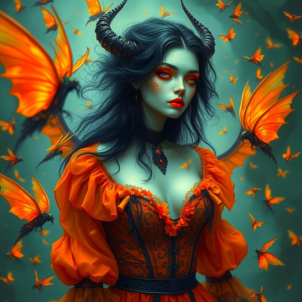 Hellish Goddess with Swarming Demons in Vibrant Orange and G...