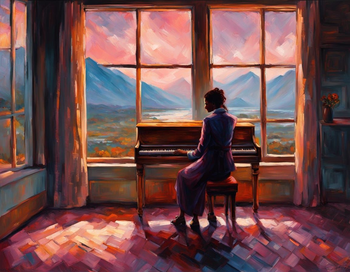 African Woman Plays Piano in Cozy Interior with Mountain Vie...