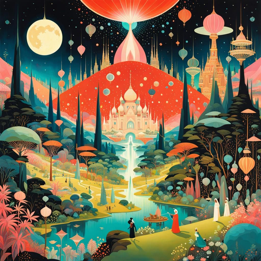 bejeweled galactic oasis Hieronymus Bosch maximalist Victo Ngai vibrant neon