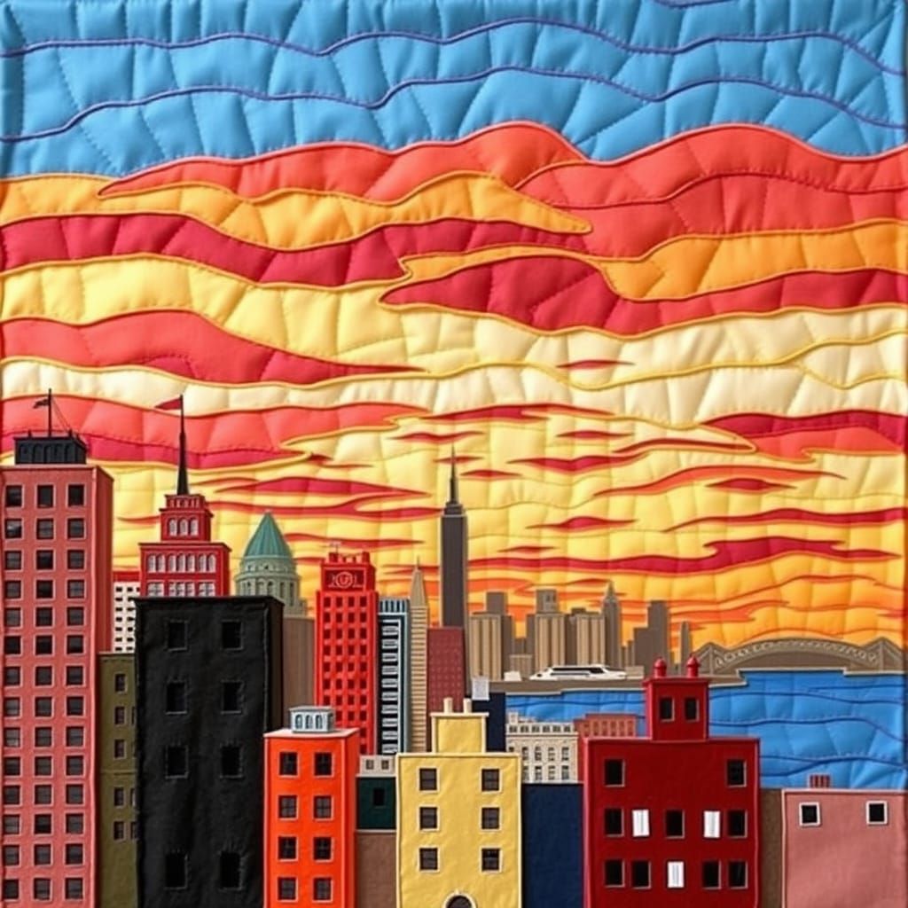 Staten Island Ferry Sunset in Fabric Collage