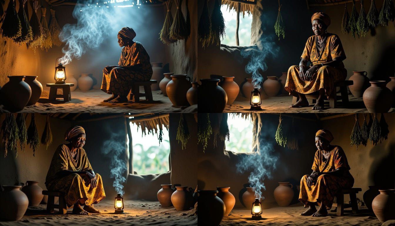 Old Woman in Dimly Lit African Hut