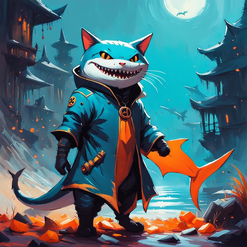 Mythical Cat in Shark Costume, Gouache Painting