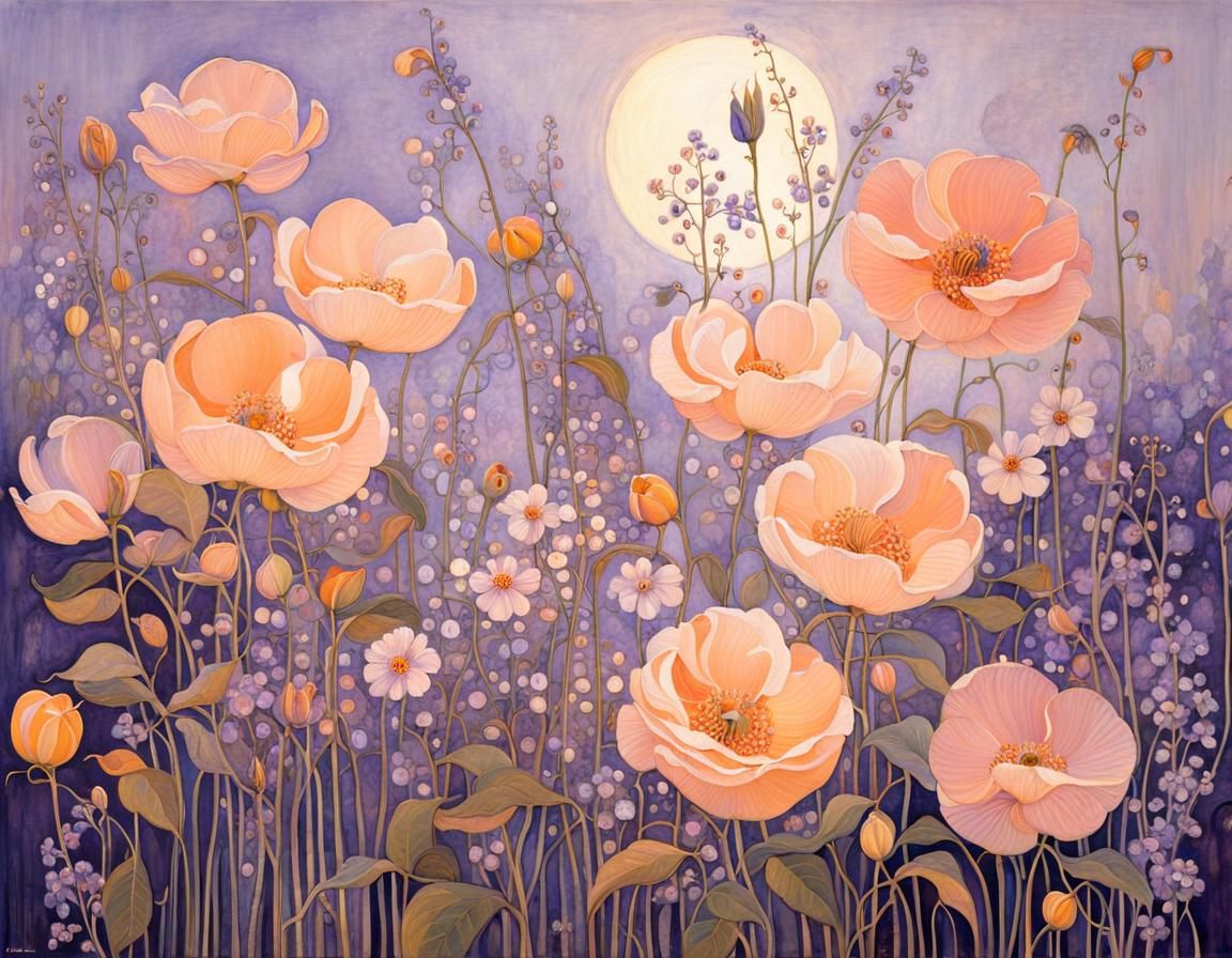 Peach Flowers in Purple Light, Klimt Style