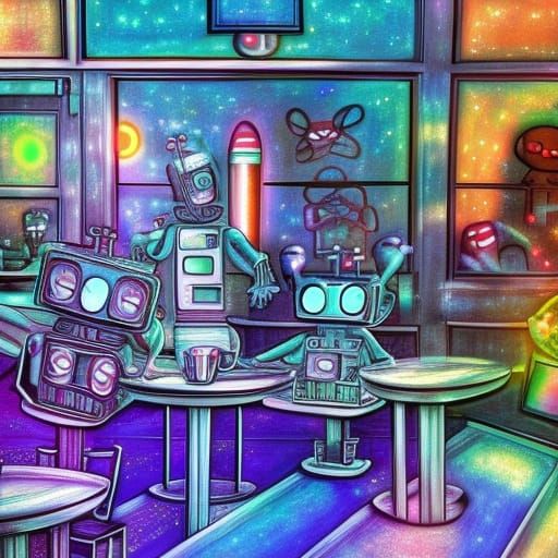 Robots at a Space Coffee Shop: Cosmic Illustration