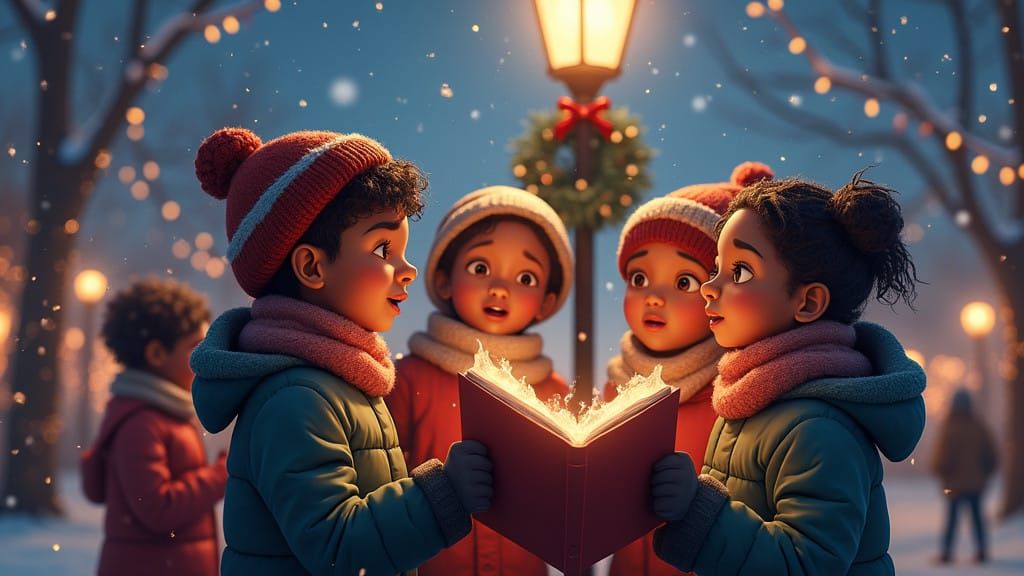 African American Children Sing Christmas Carols in Winter Wo...