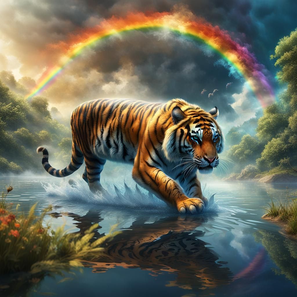 Smoky Tiger in Rainbow River: Detailed Matte Painting
