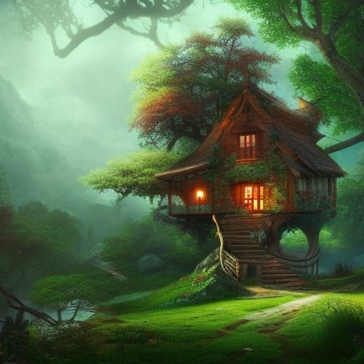 Enchanting Treehouse Cottage in Fantasy Landscape