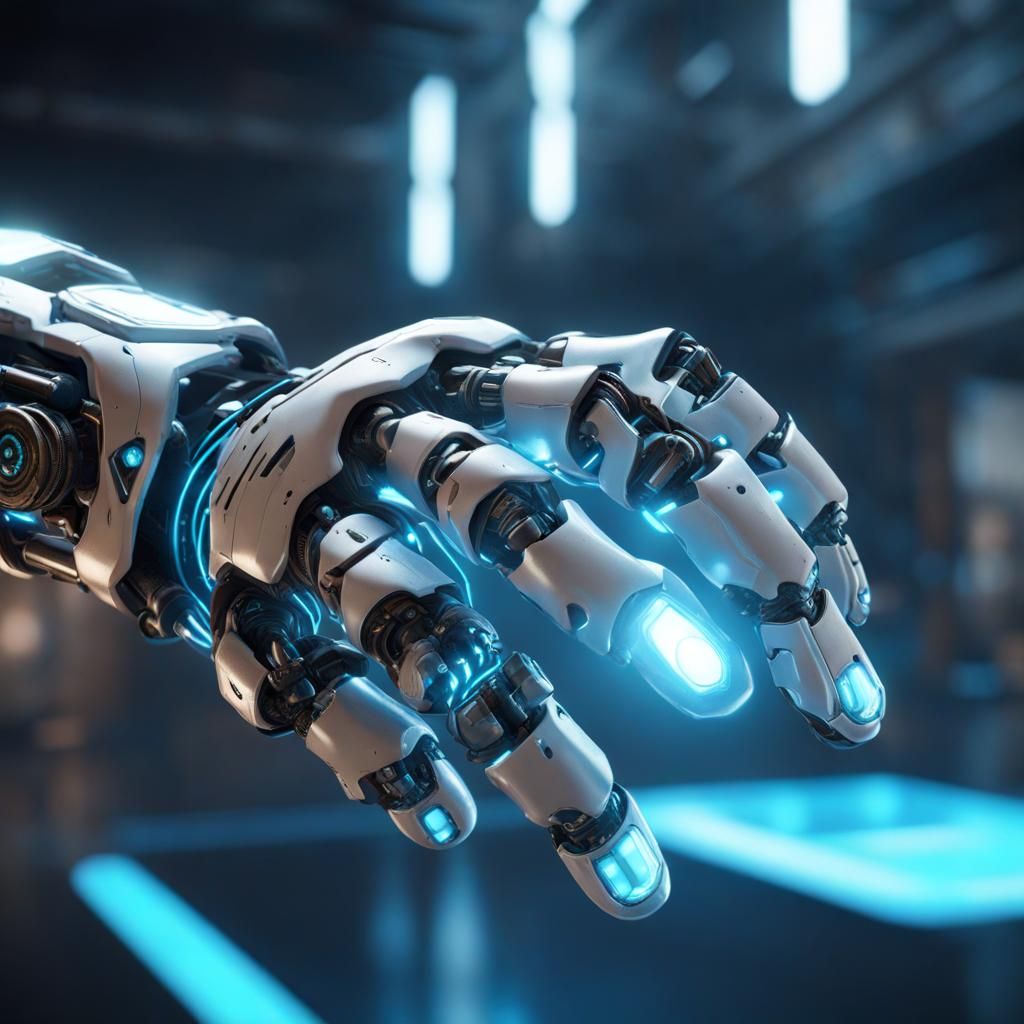 Robotic Hand Emitting Light Blue Energy in 3D