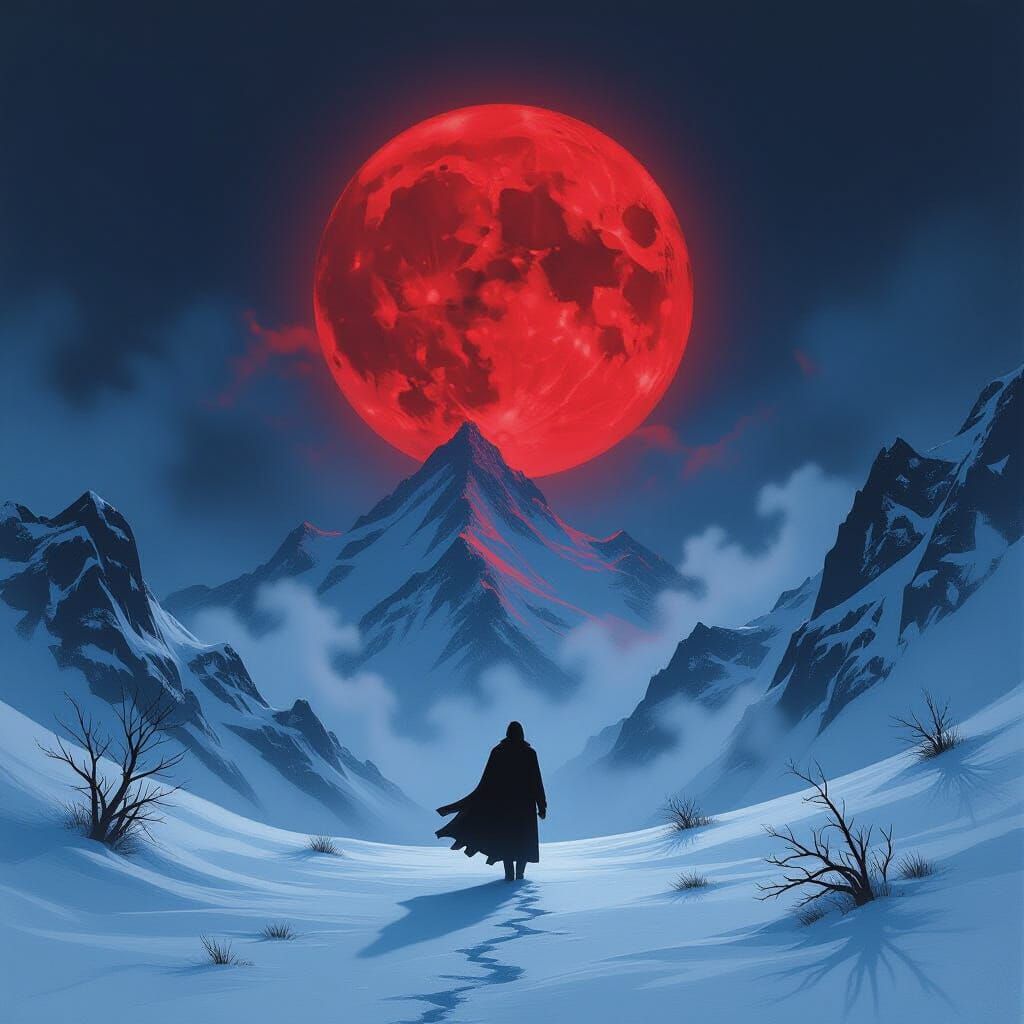 Eerie Creature Under Crimson Moonlight: A Dark Fantasy Oil P...
