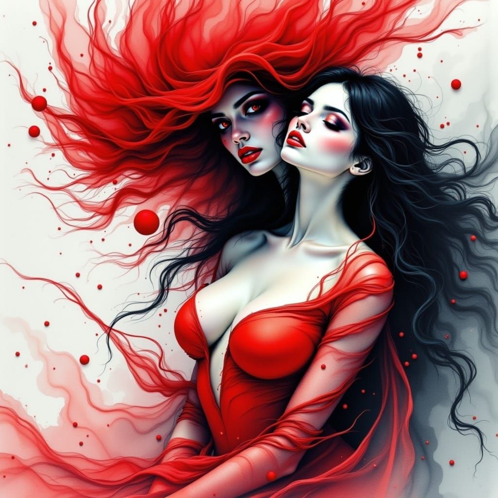 Watercolor Art of a Daring Crimson Goddess in Turbulent Shad...