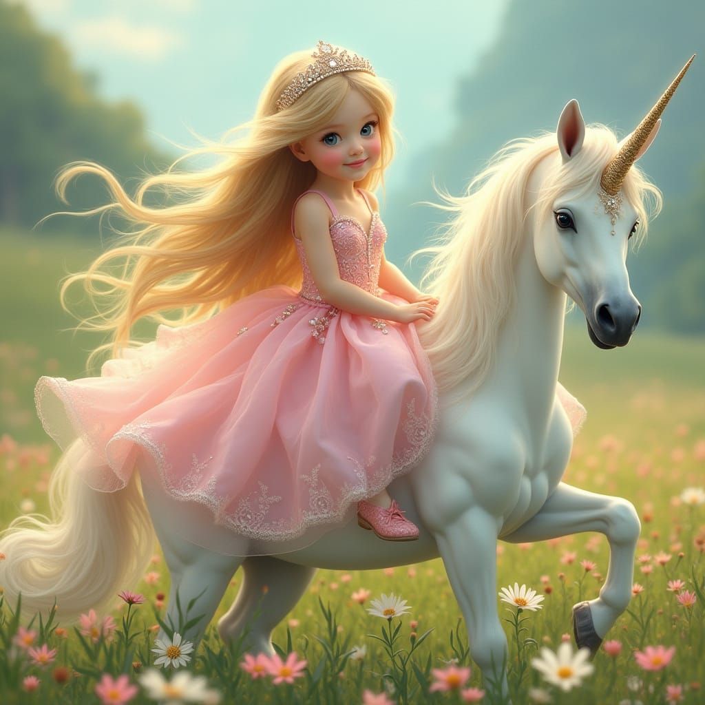 Girl on Unicorn in Meadow, Fantasy Art Style