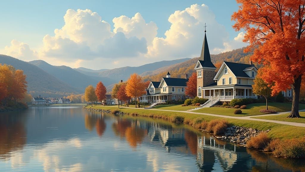 Idyllic Lakeside Town in Autumnal Splendor