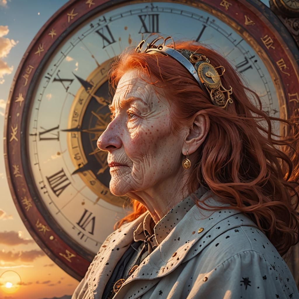 Sympathetic Old Woman with Sunset Vortex Background