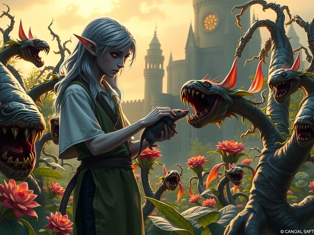 Drow Gardener Feeding Monster Flower: Digital Art