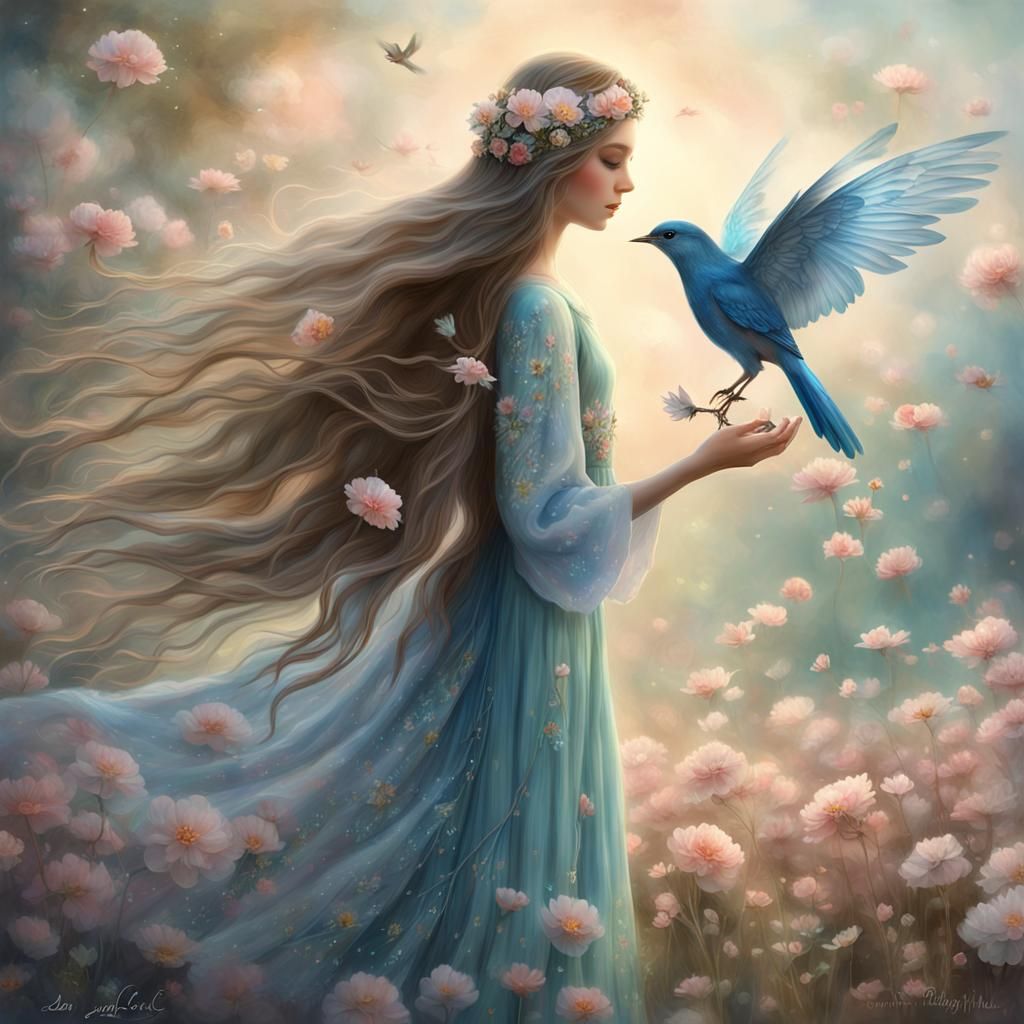 Ethereal Flower Goddess with Bird in Hand