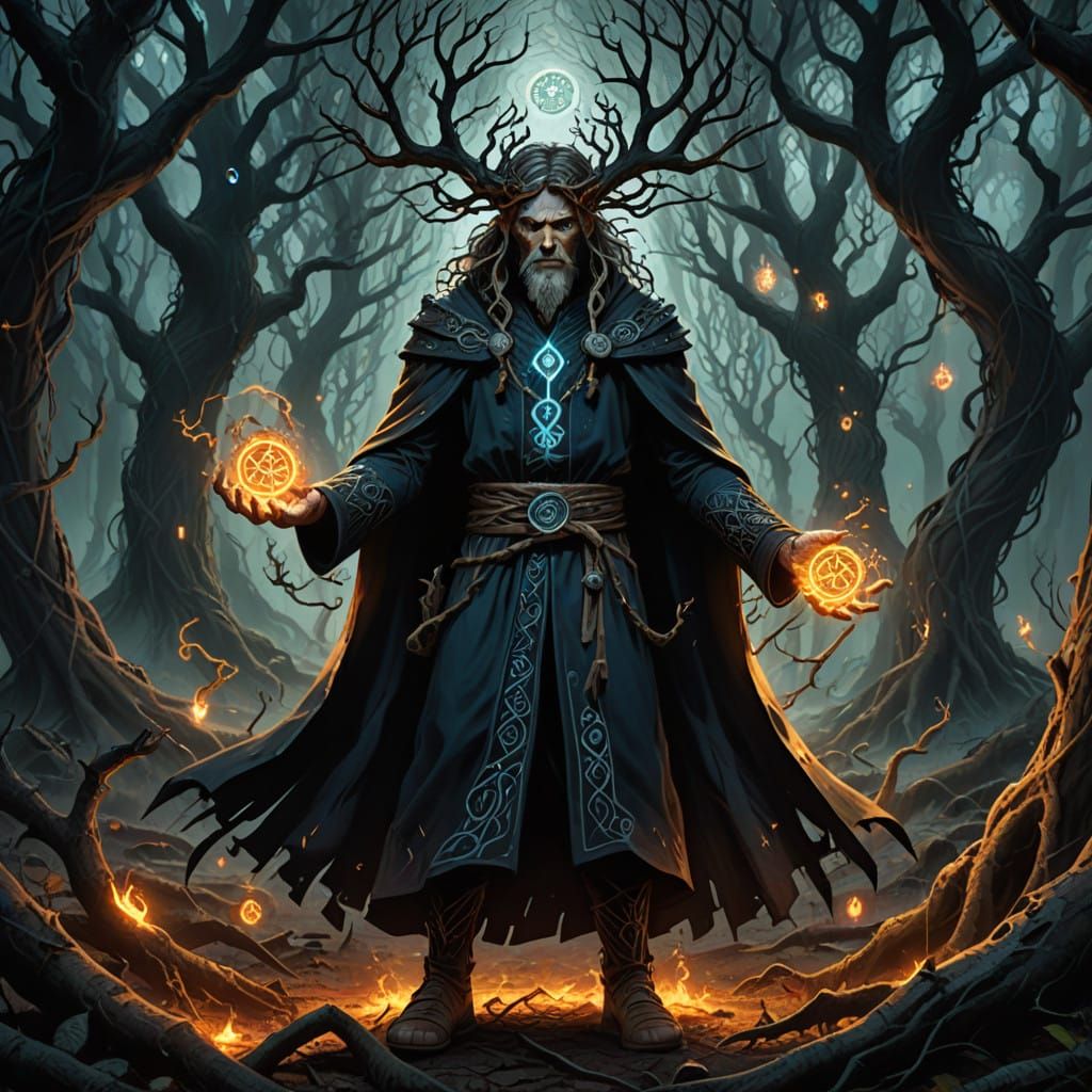 Mystic Sorcerer Surrounded by Dark Magic