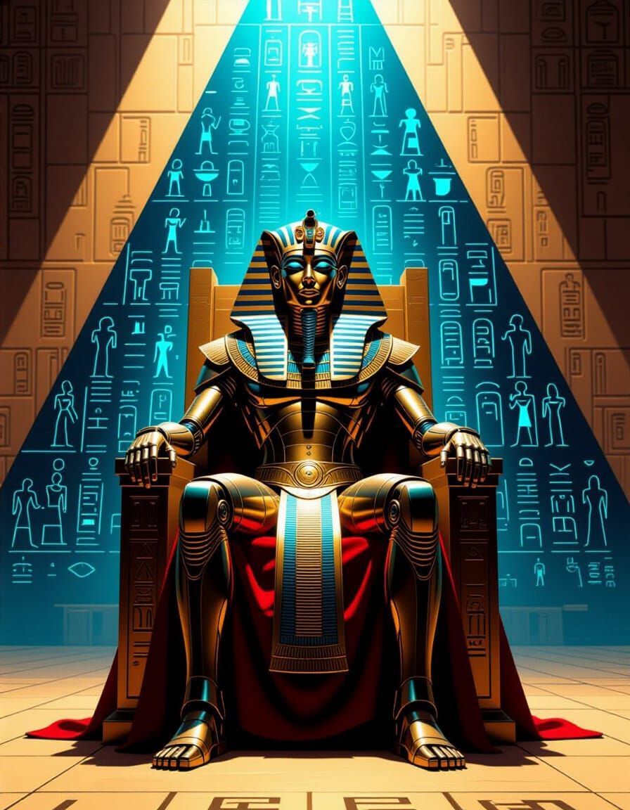 Robot Pharaoh in Futuristic Pyramid, Digital Art