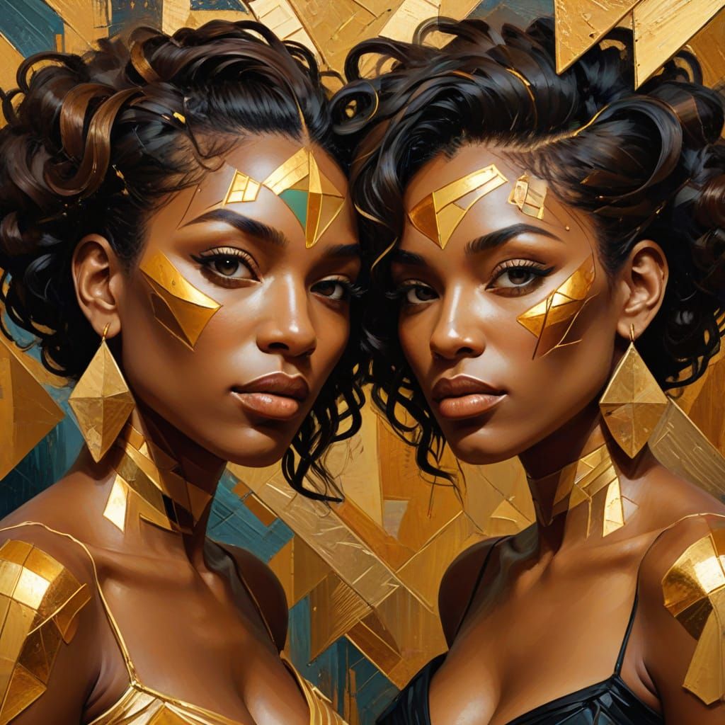 A surreal, abstract Cubism-inspired digital painting of two African American women’s faces seamlessly merging in a fluid...