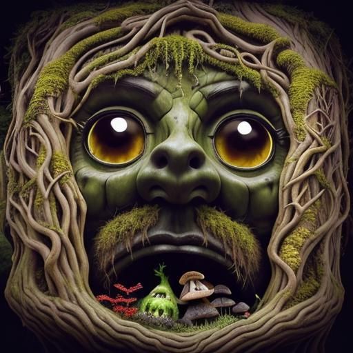 Mystical Stone Face Monument in Fantasy Forest