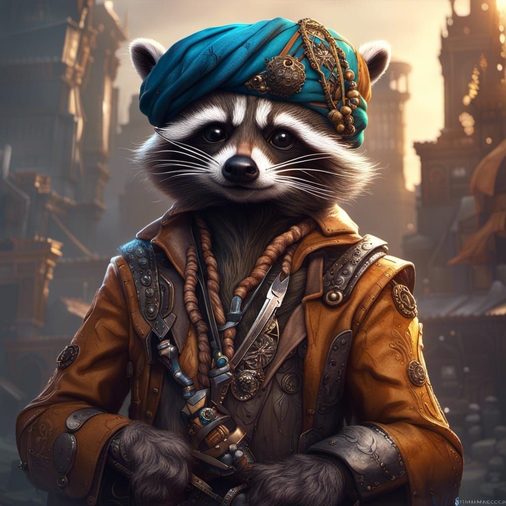 Raccoon Merchant with Turban in Detailed Matte Painting