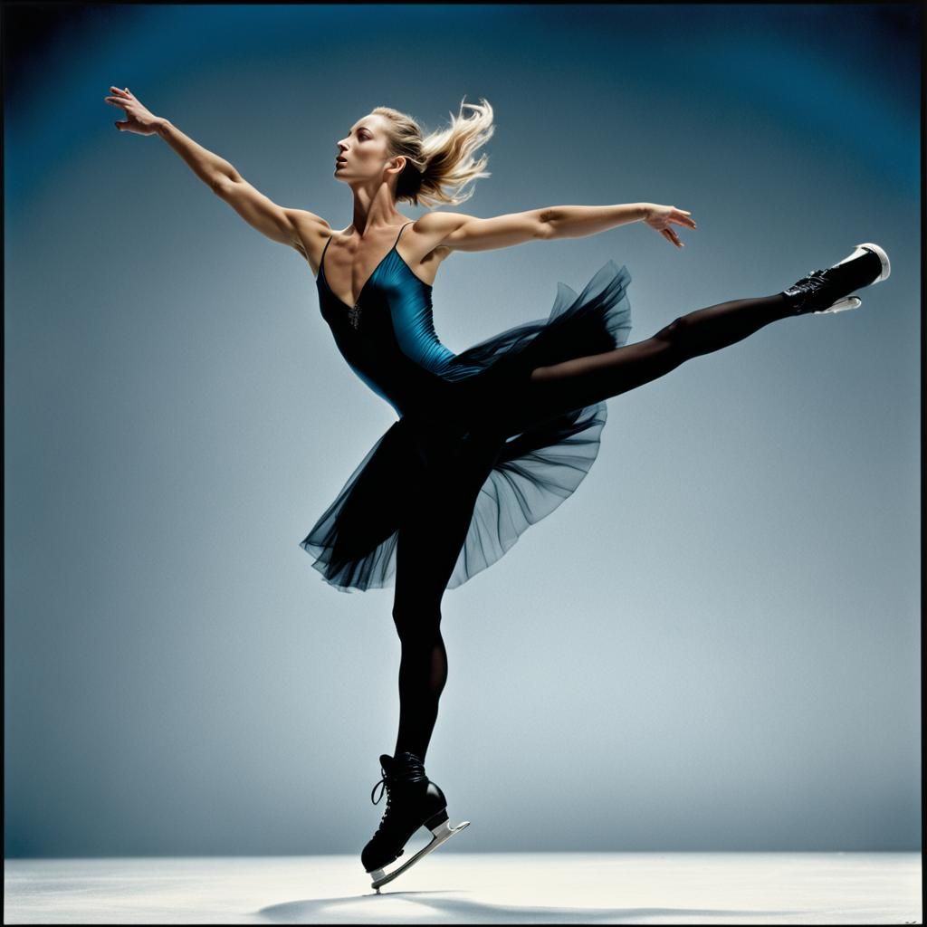 Art by Annie Leibovitz, Mark Seliger, Herb Ritts, elegant figure skating portrait gracefully landing a jump, Fujifilm co...