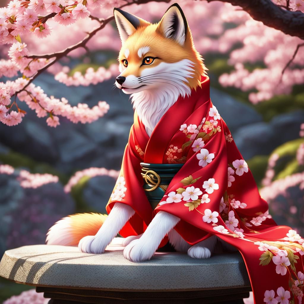Kitsune in Red Kimono with Cherry Blossoms Anime Art