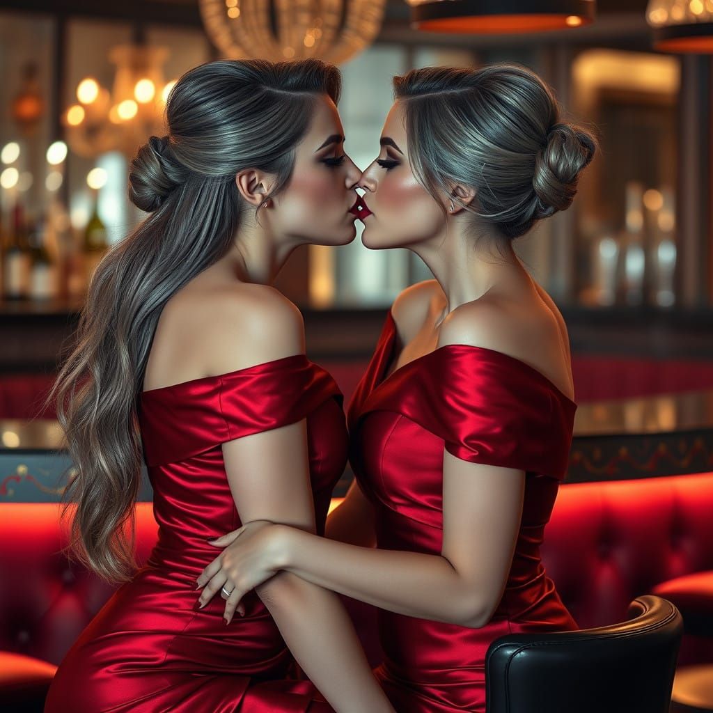 Two Elegant Women Share a Romantic Kiss in Luxurious Eleganc...